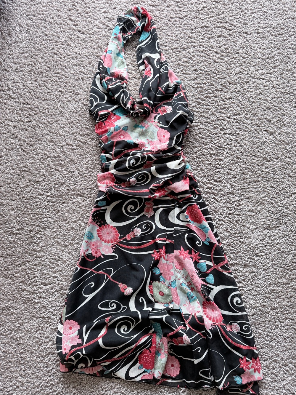 Bisou Bisou Black One-Shoulder Floral Dress with Pink and Teal Accents